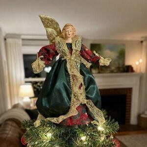 Vintage 10.5" Porcelain Angel Tree Topper Green Satin Dress Gold Wings Christmas